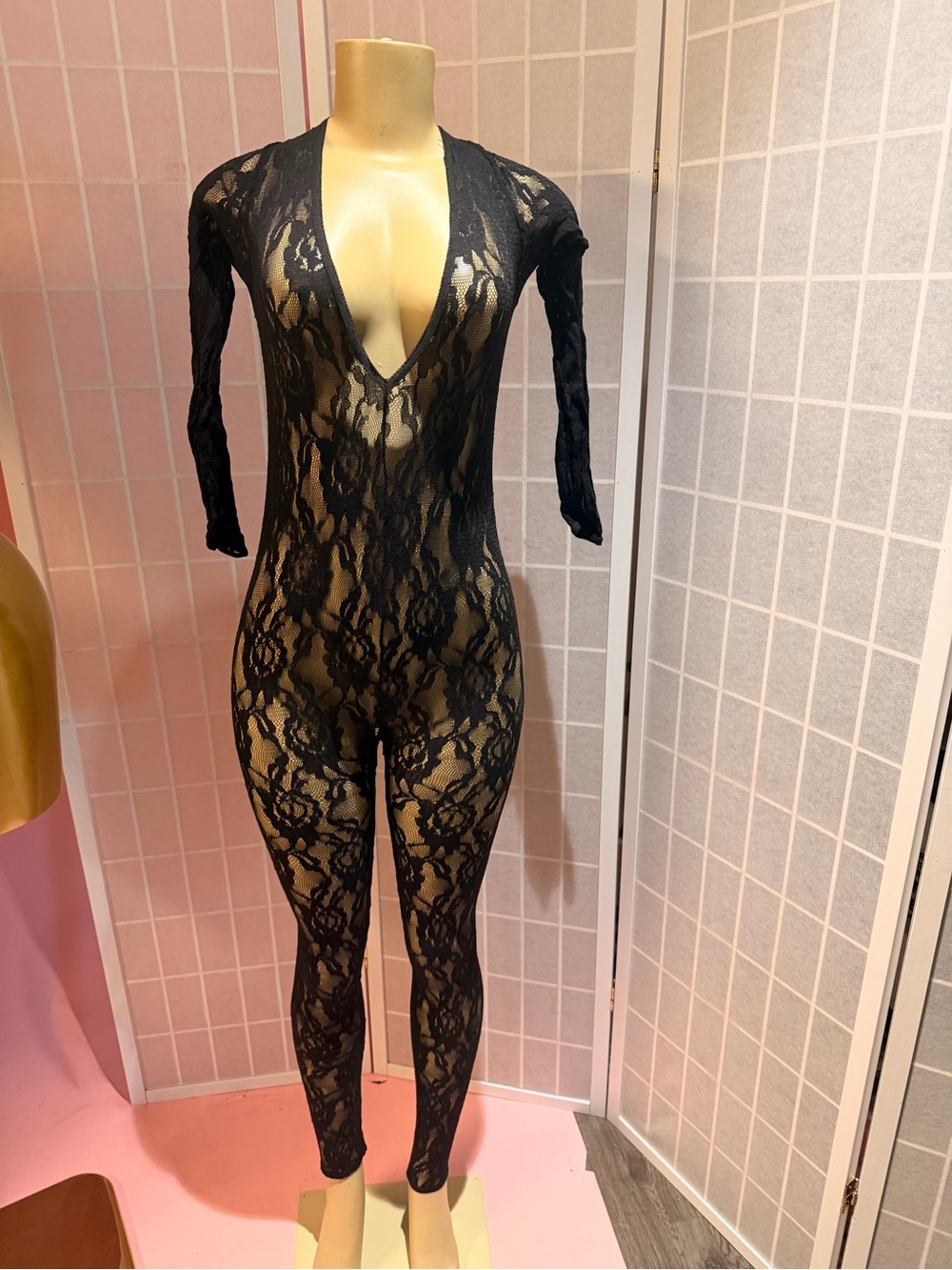 Sexy Mesh Net Black Lace Plunge Neck Jumpsuit